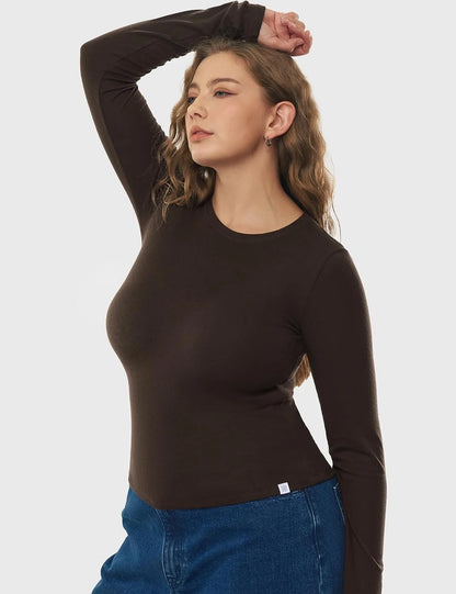 Women's Merino Wool Blend Shirts Long Sleeve Tops Crew Neck Fitted Basic Tee Cozy Embrace Collection