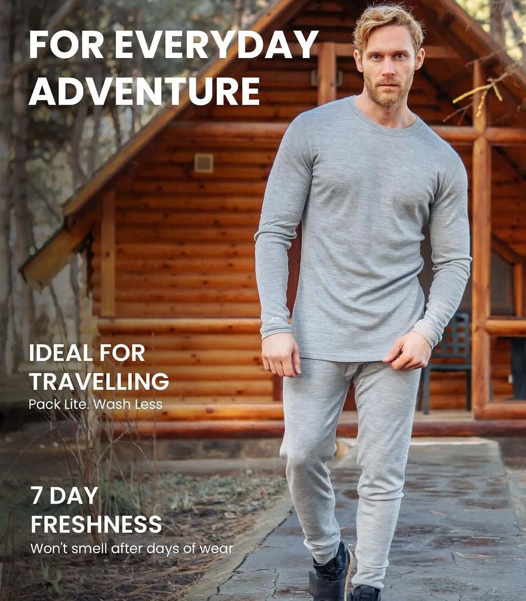 100% Merino Wool Base Layer Men Set - Thermal Underwear for Men Long Johns