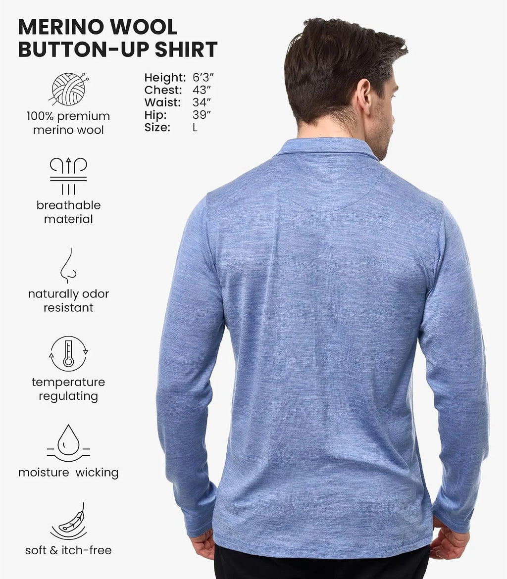 100% Merino Wool Button Up Shirt Men - Long & Short Sleeve Breathable