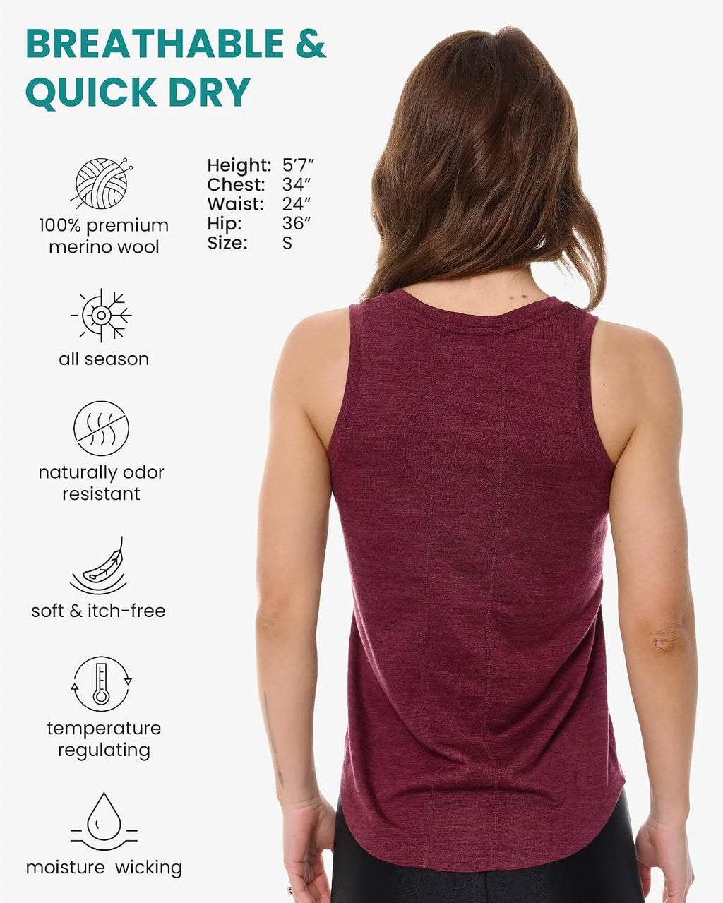 100% Merino Wool Tank Top Women - Active Sleeveless Undershirt Base Layer
