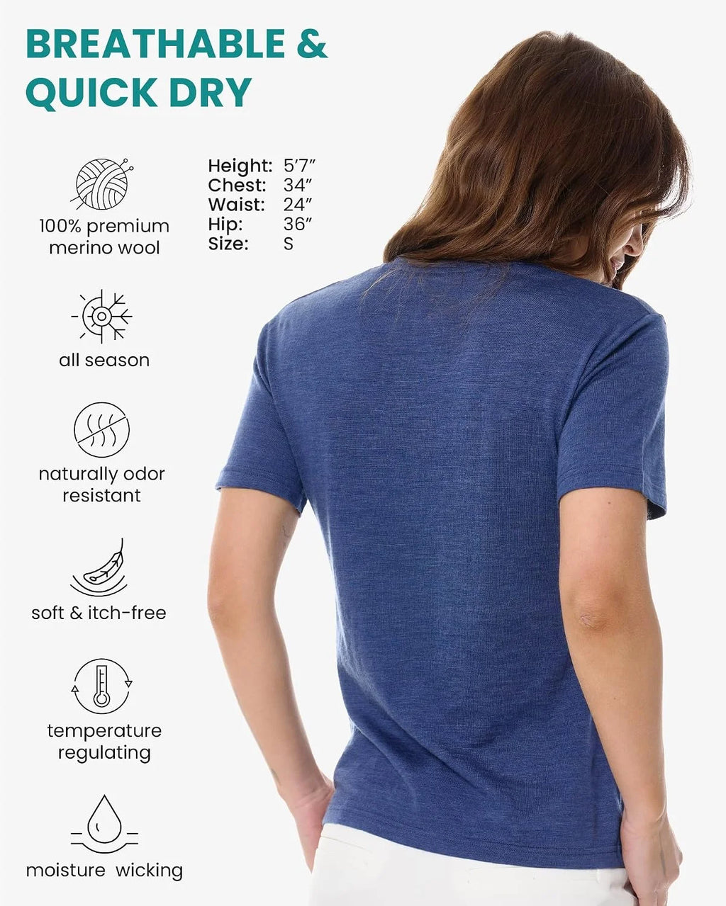 100% Merino Wool Shirt Women - Short Sleeve Tee Base Layer Top Undershirt