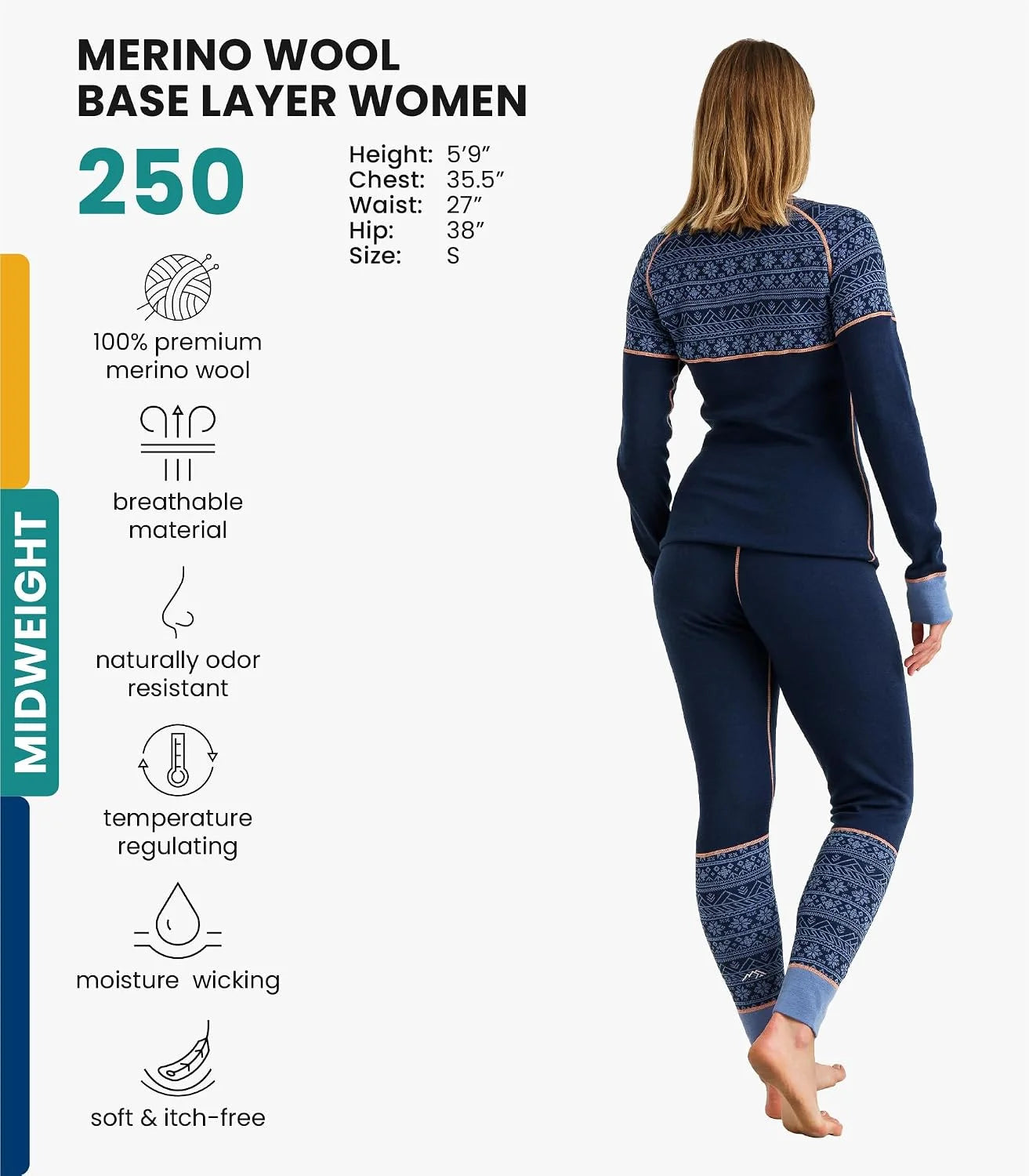 100% Merino Wool Base Layer Women Set - Thermal Underwear Women Top, Bottom