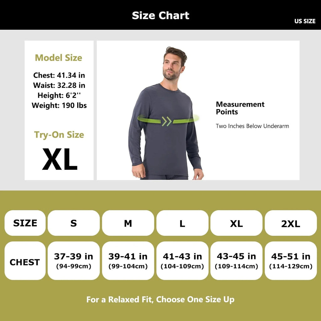 100% Merino Wool Base Layer for Men Long Sleeve Crew Neck Thermal Shirt