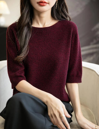 Chanyarn Women's 100% Merino Wool Spring Fall Winter First-Line Ready to Wear Seamless Knit Crewneck Short Sleeve Sweater