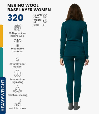 100% Merino Wool Base Layer Women Set - Thermal Underwear Women Top, Bottom | Lightweight, Midweight, Heavyweight Base Layer, Moisture-Wicking, Breathable Active Underwear, Hiking, Skiing, Camping