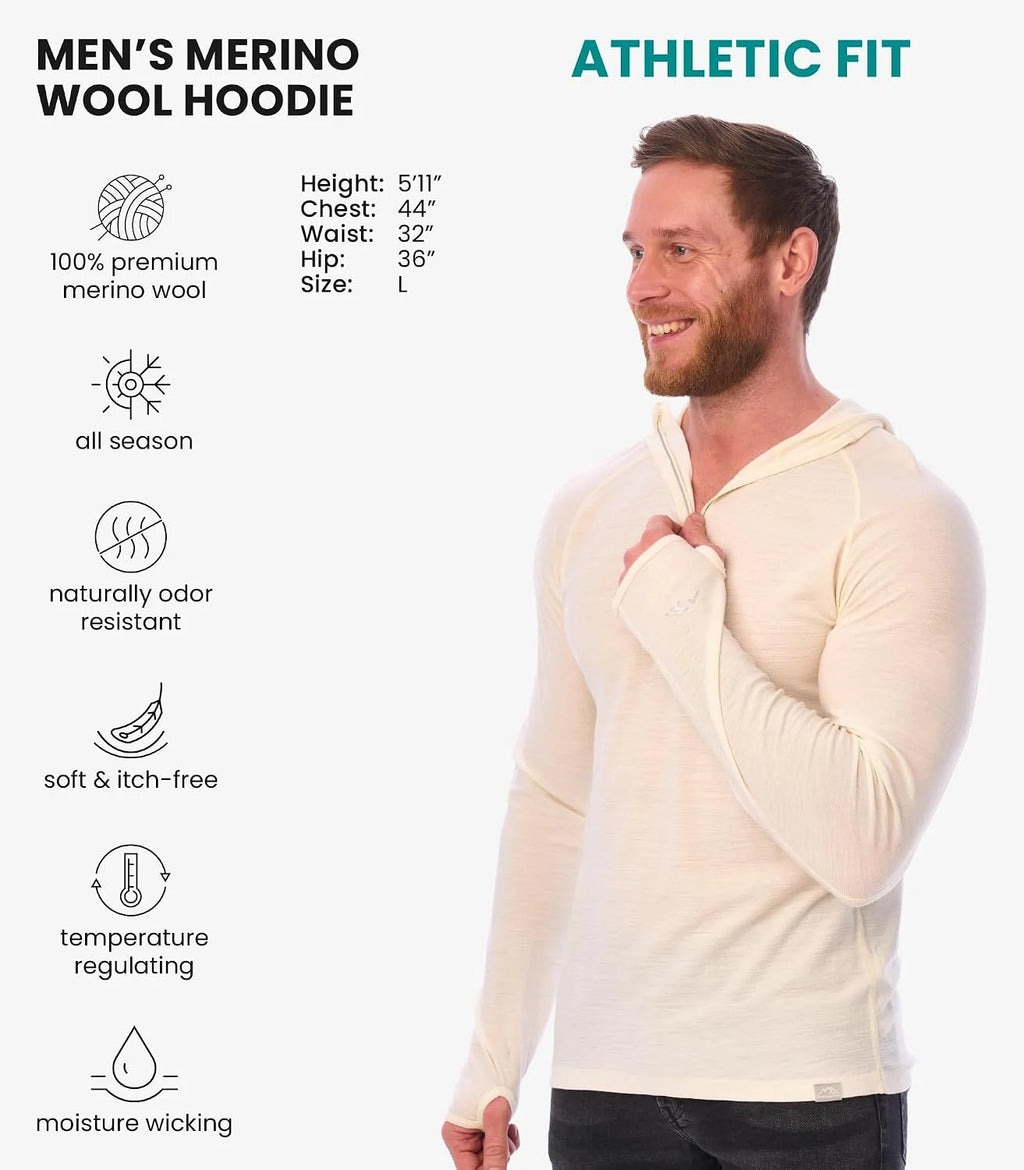 100% Merino Wool Hoodie Men - Slim Fit Quarter Zip Thermal Base Layer Top