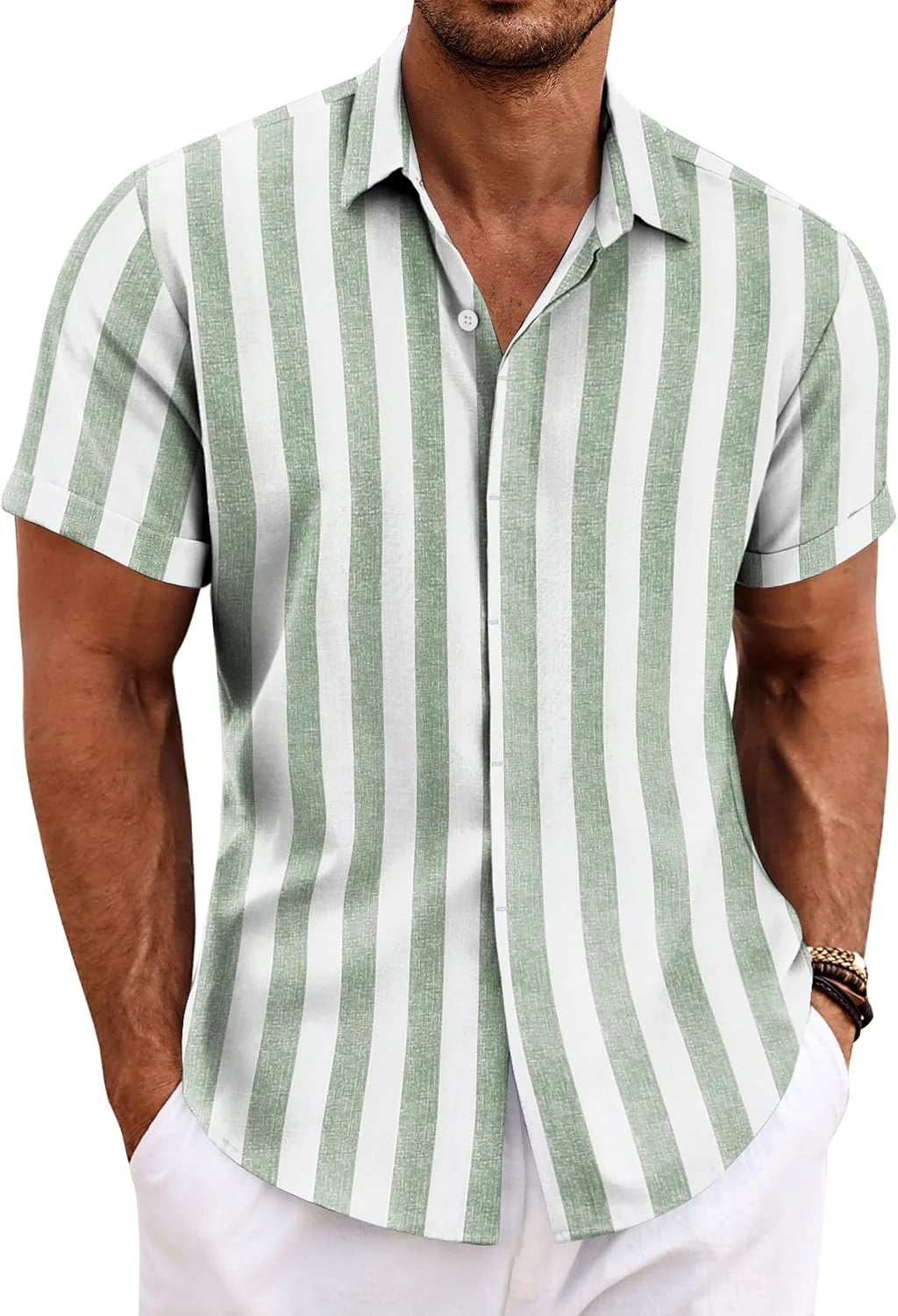 COOFANDY Men's Linen Shirts Short Sleeve Casual Shirts Button Down Shirt for Men Beach Summer Wedding Shirt