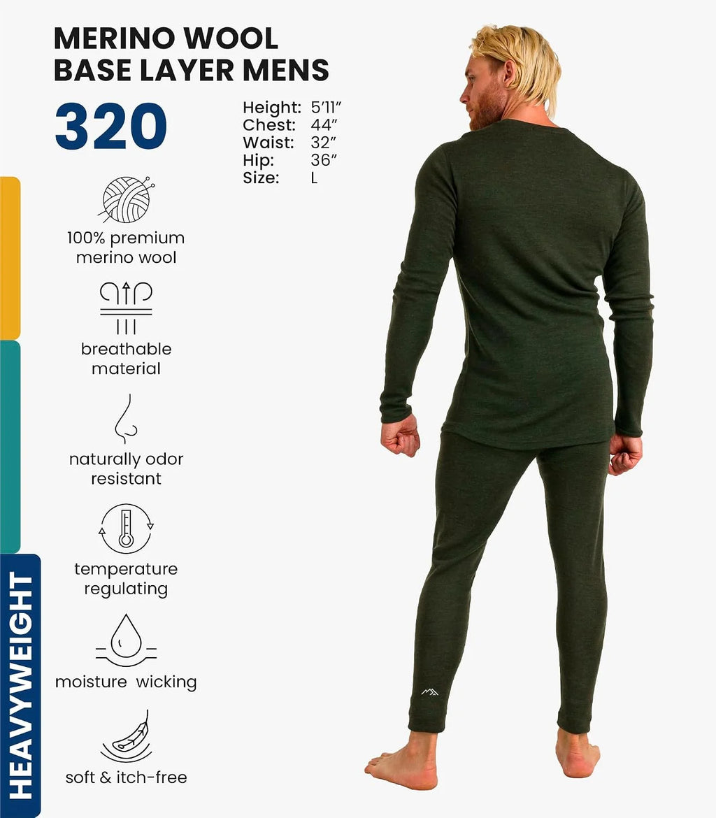 100% Merino Wool Base Layer Men Set - Thermal Underwear for Men Long Johns | Lightweight, Midweight, Heavyweight Long Johns, Naturally Odor-Resistant, Breathable Active Underwear, Hiking, Skiing