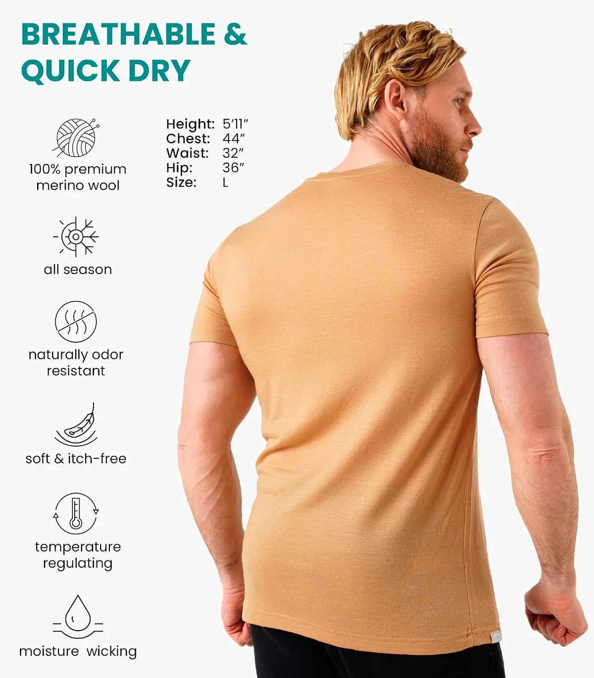 100% Merino Wool T-Shirt Men - Short Sleeve Undershirt Base Layer Top