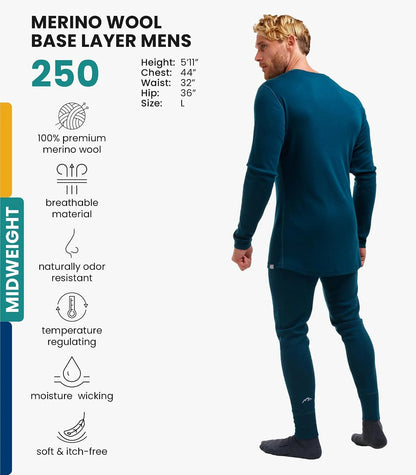 100% Merino Wool Base Layer Men Set - Thermal Underwear for Men Long Johns