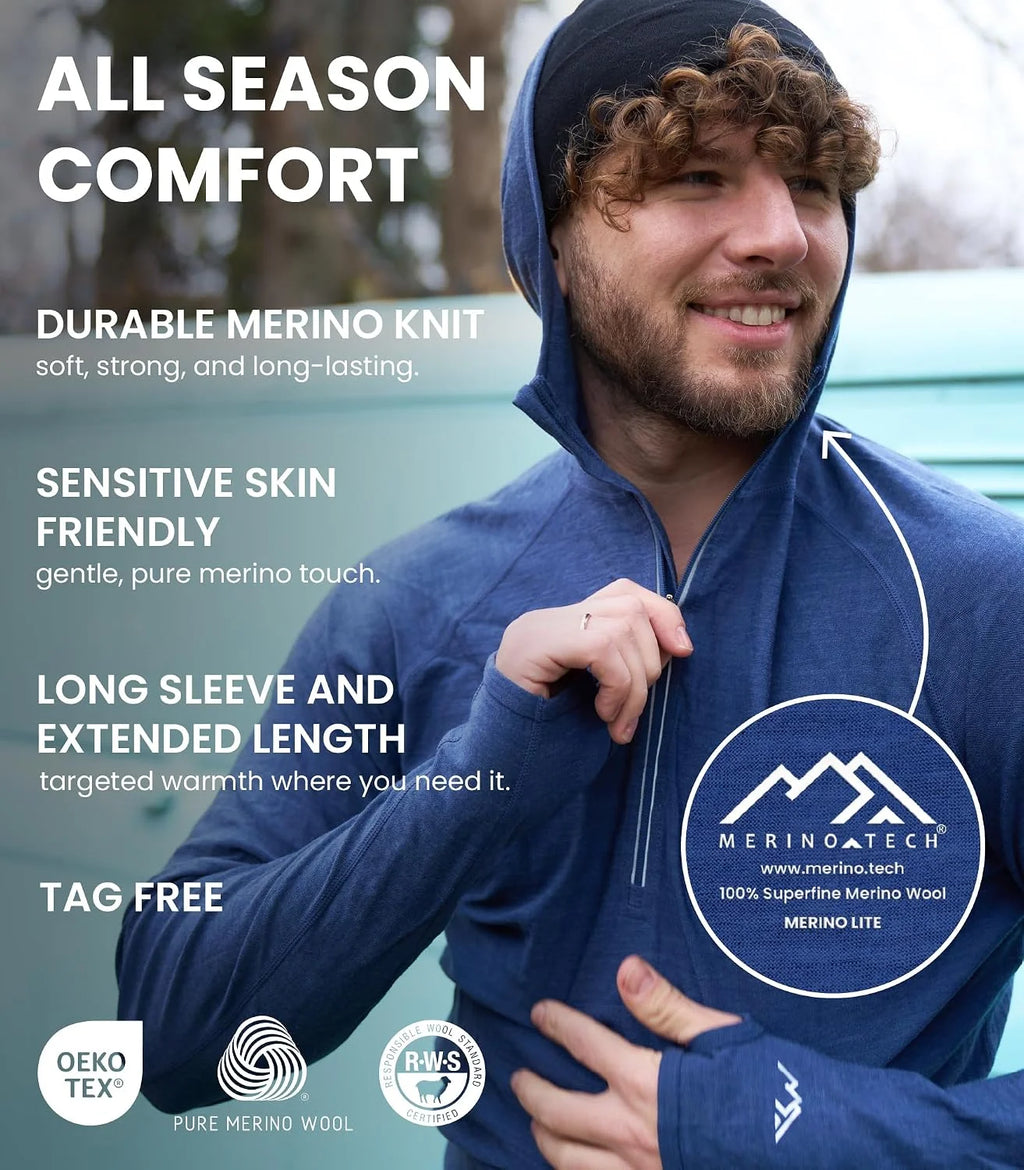 100% Merino Wool Hoodie Men - Slim Fit Quarter Zip Thermal Base Layer Top