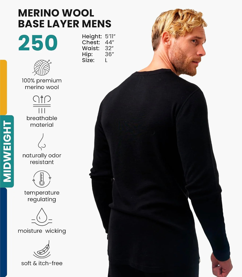 100% Merino Wool Base Layer Mens - Long Sleeve Thermal Shirts with Socks