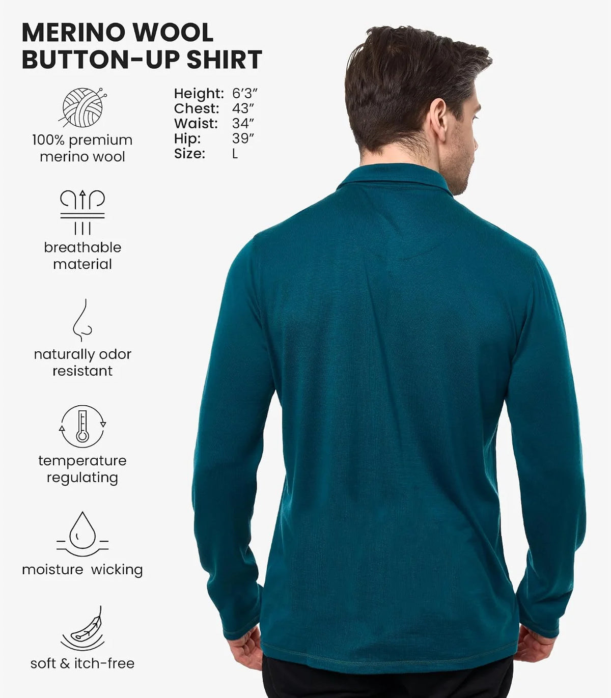 100% Merino Wool Button Up Shirt Men - Long & Short Sleeve Breathable