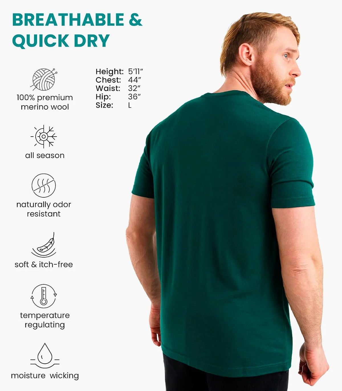 100% Merino Wool T-Shirt Men - Base Layer Top Undershirt with Hiking Socks