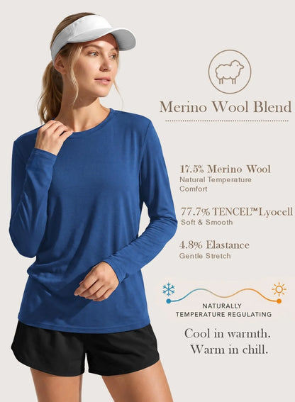 Merino Wool Shirt Women Lightweight Breathable Basic Tees Long Sleeve Sun Protection Shirts