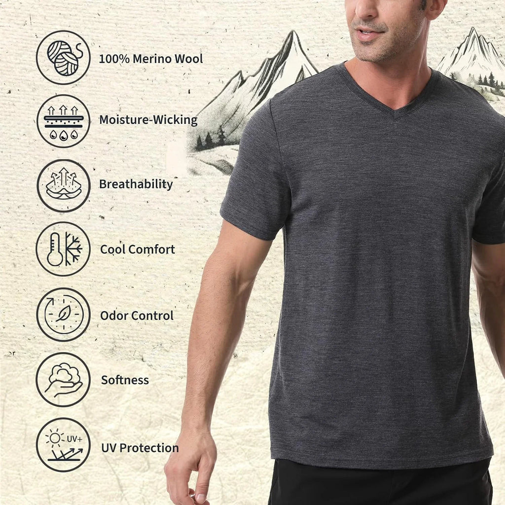 Merino Protect 100% Merino Wool V-Neck T Shirts for Men Odor Resistance Base Layer Hiking Travel T-Shirt Soft Undershirt