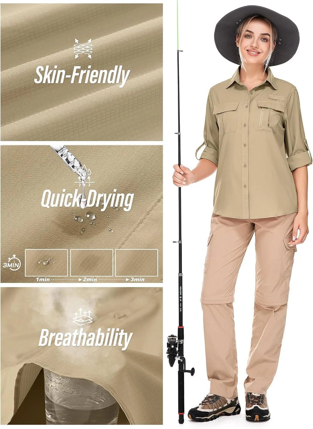 Women's UPF 50 Long Sleeve Sun Protection Safari Fish Hiking Shirts