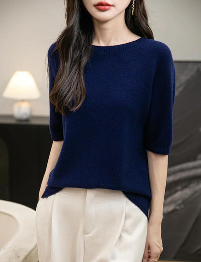 Chanyarn Women's 100% Merino Wool Spring Fall Winter First-Line Ready to Wear Seamless Knit Crewneck Short Sleeve Sweater