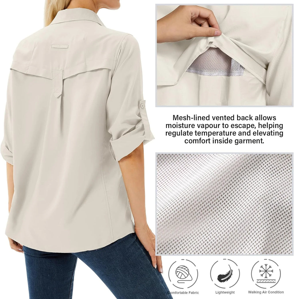 Women's UPF 50 Long Sleeve Sun Protection Safari Fish Hiking Shirts