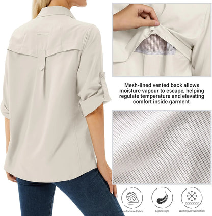 Women's UPF 50 Long Sleeve Sun Protection Safari Fish Hiking Shirts