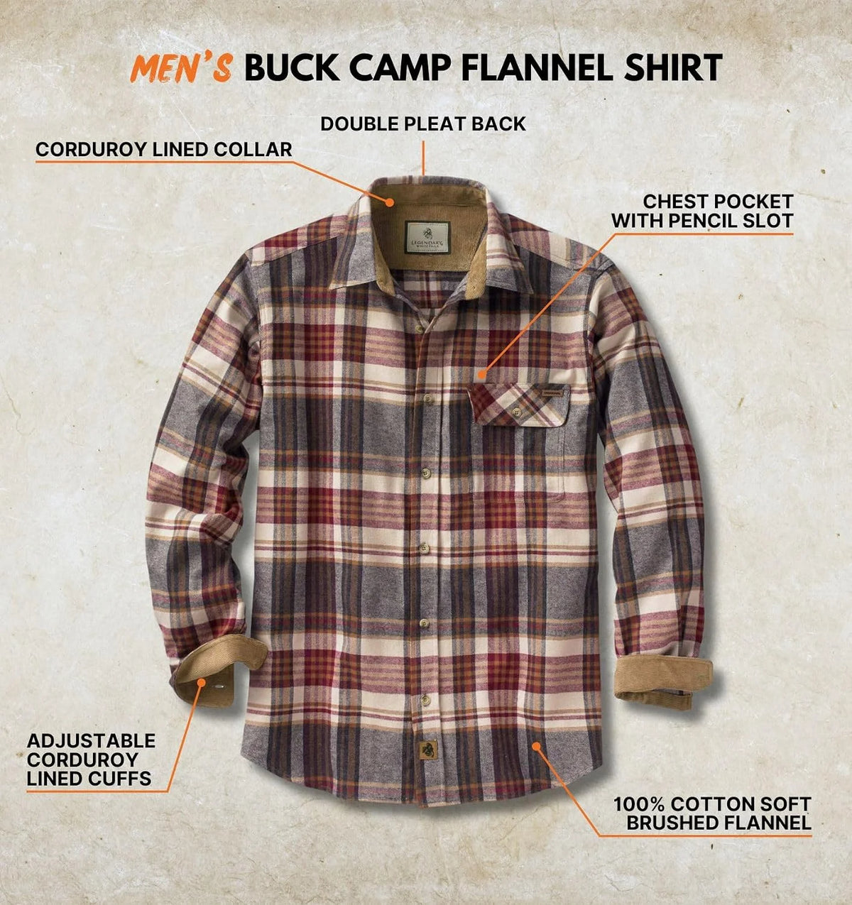 Legendary Whitetails Mens Flannel Long Sleeve Button Down 100% Cotton Shirt