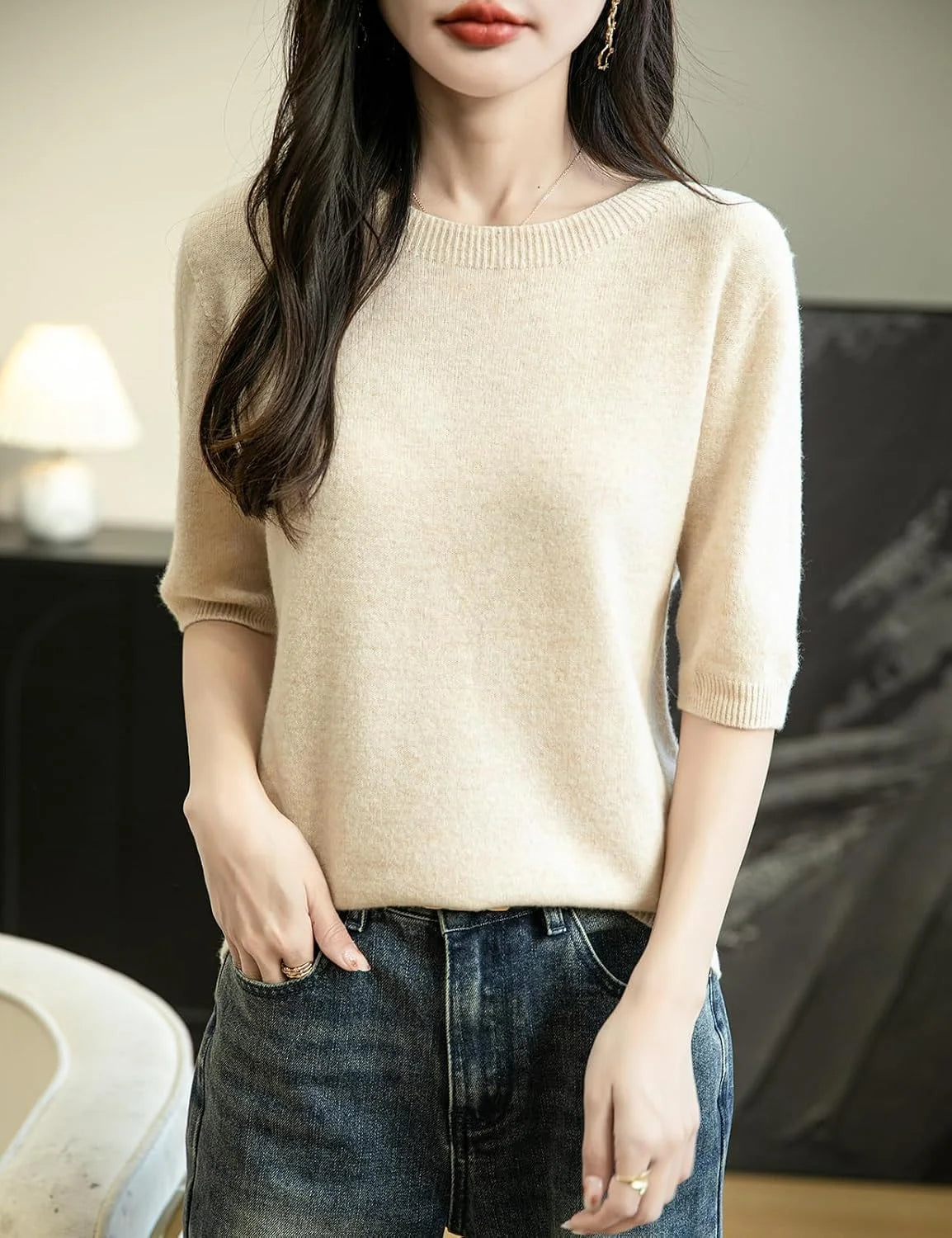 Chanyarn Women's 100% Merino Wool Spring Fall Winter First-Line Ready to Wear Seamless Knit Crewneck Short Sleeve Sweater