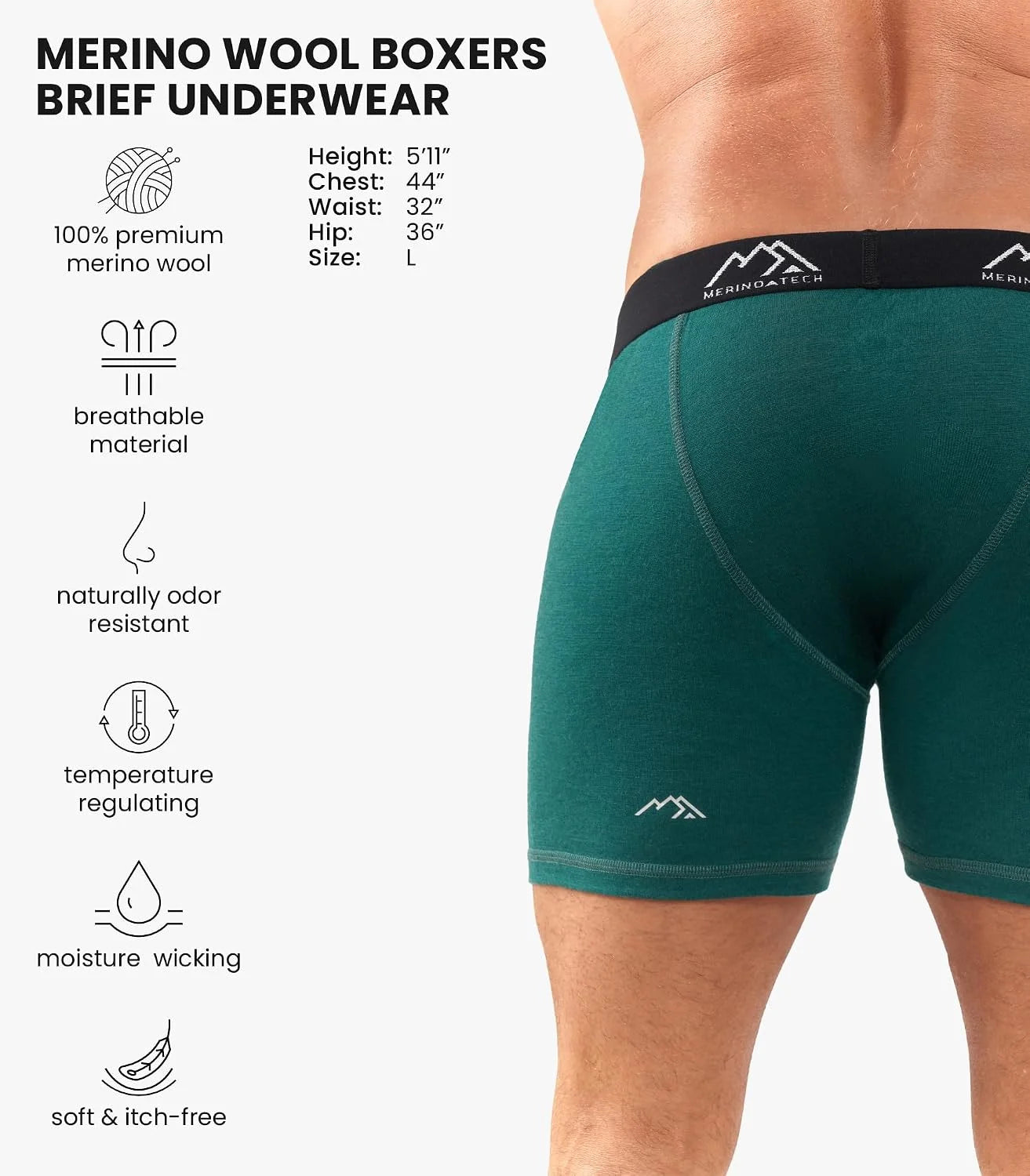 100% Merino Wool Underwear Mens - 1-2 Pack Boxer Briefs for Men 17.5um