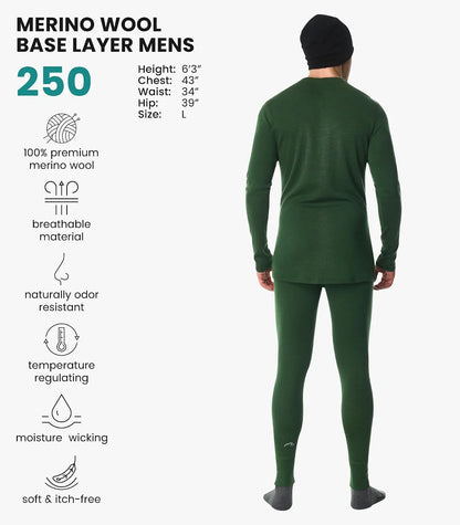 100% Merino Wool Base Layer Men Set - Thermal Underwear for Men Long Johns