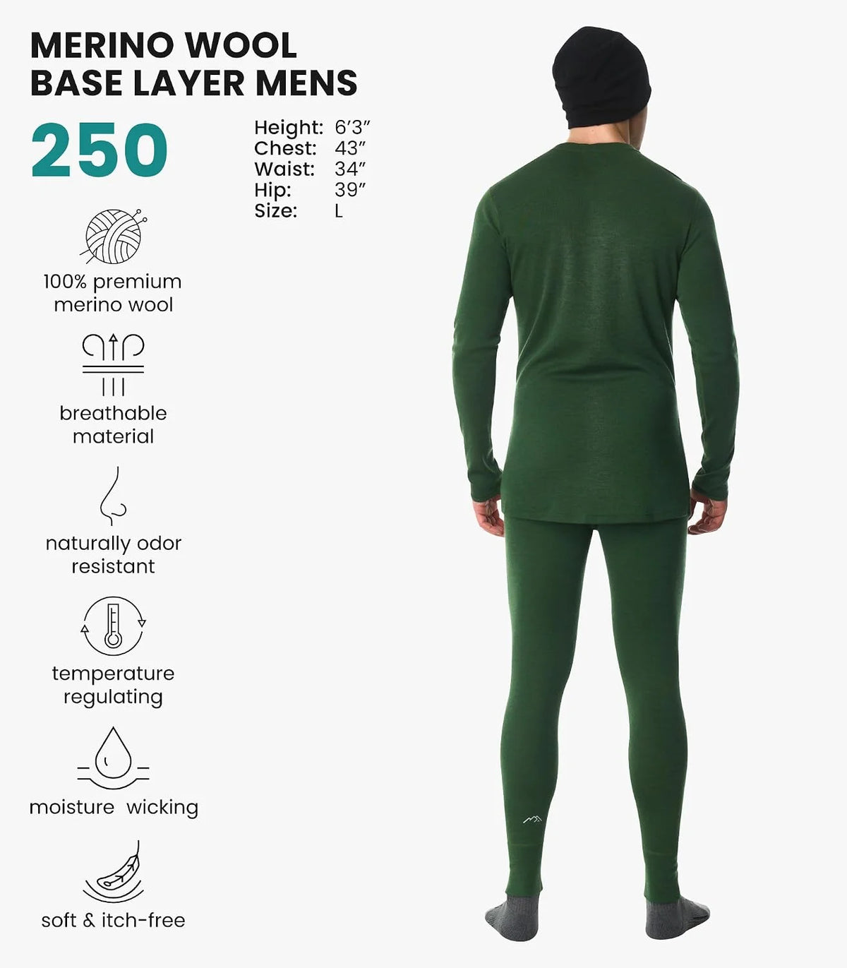 100% Merino Wool Base Layer Men Set - Thermal Underwear for Men Long Johns | Lightweight, Midweight, Heavyweight Long Johns, Naturally Odor-Resistant, Breathable Active Underwear, Hiking, Skiing