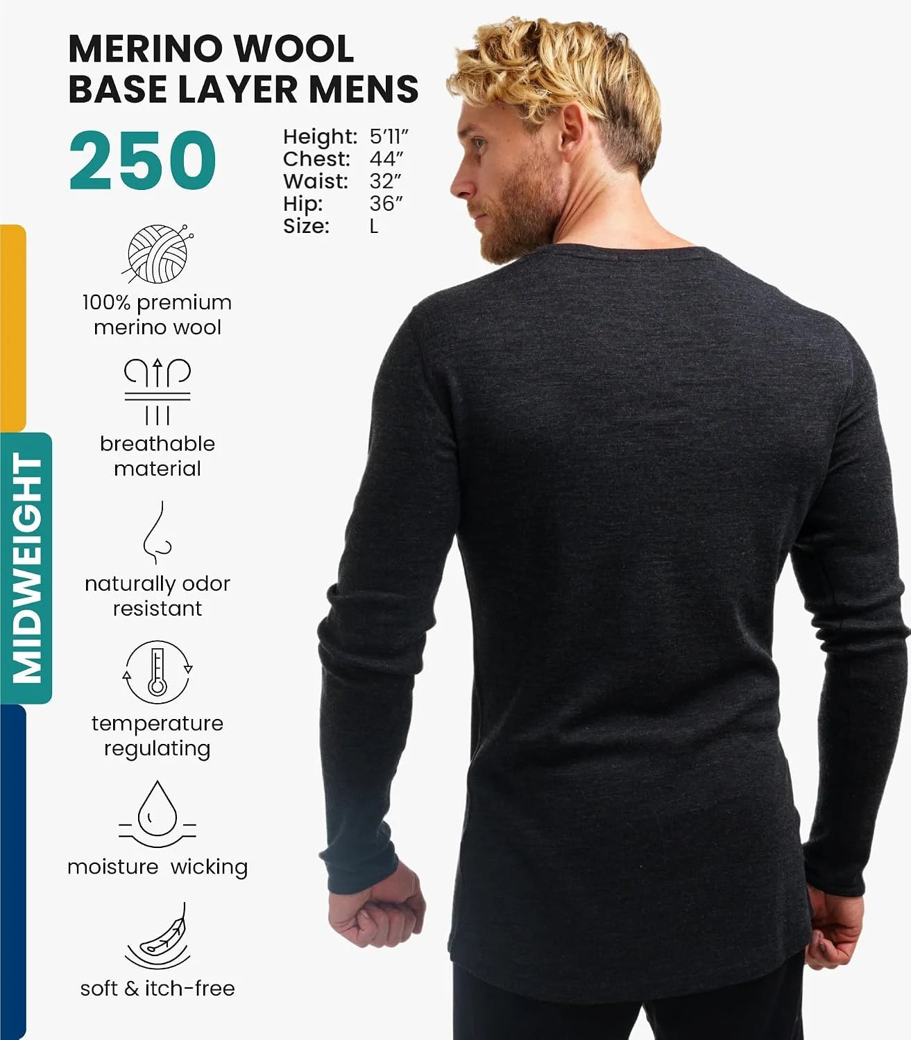100% Merino Wool Base Layer Mens - Long Sleeve Thermal Shirts with Socks