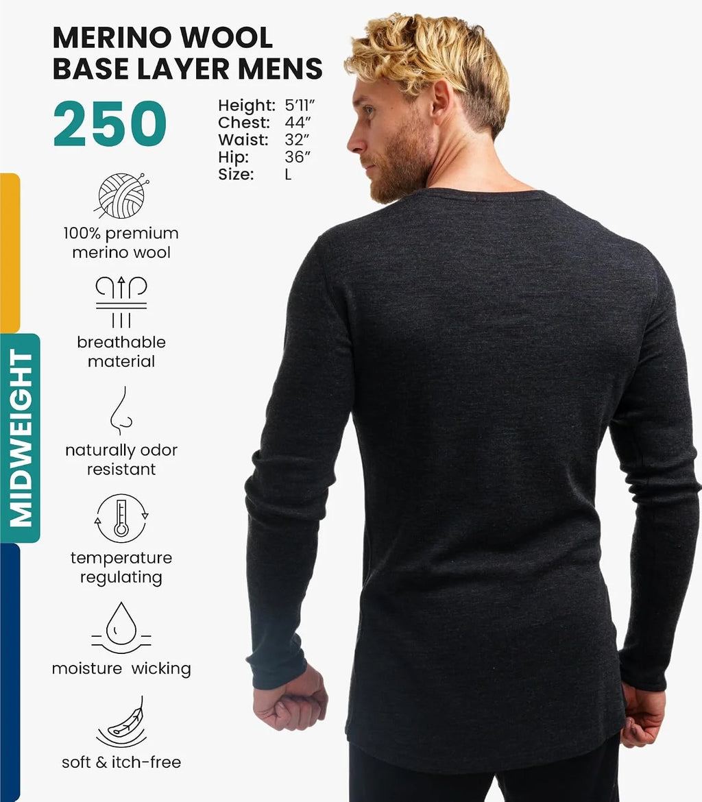 100% Merino Wool Base Layer Mens - Long Sleeve Thermal Shirts with Socks | Lightweight, Midweight, Heavyweight Base Layer, Naturally Odor-Resistant, Breathable Shirt, Ideal for Hiking, Cold Weather