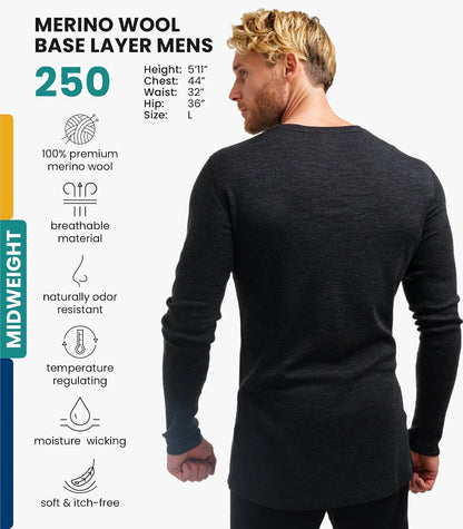 100% Merino Wool Base Layer Mens - Long Sleeve Thermal Shirts with Socks | Lightweight, Midweight, Heavyweight Base Layer, Naturally Odor-Resistant, Breathable Shirt, Ideal for Hiking, Cold Weather