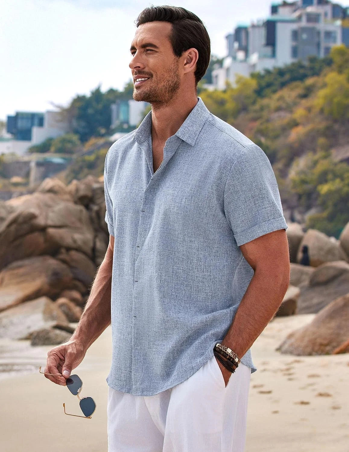 COOFANDY Men's Linen Shirts Short Sleeve Casual Shirts Button Down Shirt for Men Beach Summer Wedding Shirt