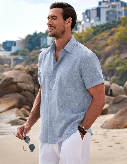 COOFANDY Men's Linen Shirts Short Sleeve Casual Shirts Button Down Shirt for Men Beach Summer Wedding Shirt