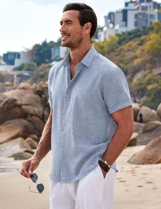 COOFANDY Men's Linen Shirts Short Sleeve Casual Shirts Button Down Shirt for Men Beach Summer Wedding Shirt