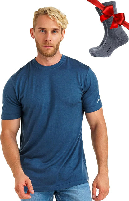 100% Merino Wool T-Shirt Men - Base Layer Top Undershirt with Hiking Socks