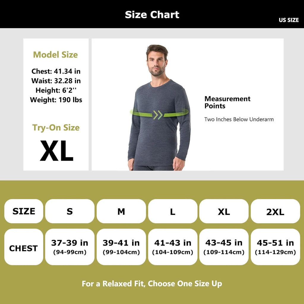 100% Merino Wool Base Layer for Men Long Sleeve Crew Neck Thermal Shirt