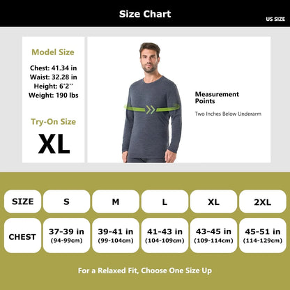 100% Merino Wool Base Layer for Men Long Sleeve Crew Neck Thermal Shirt
