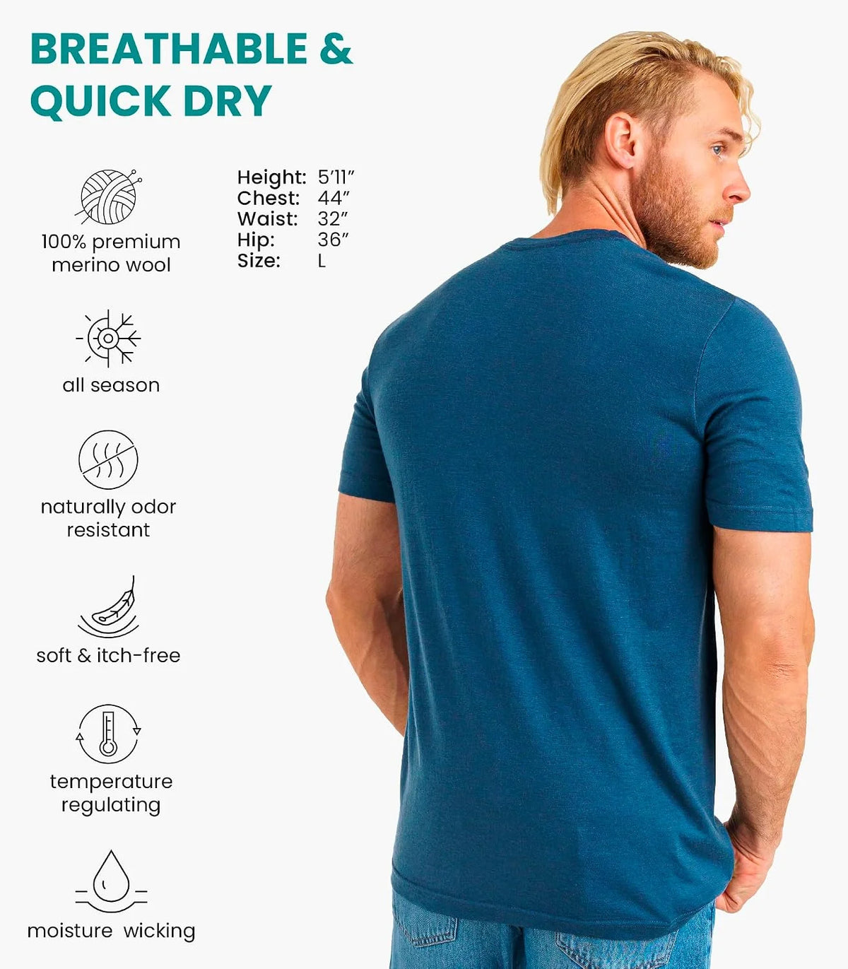 100% Merino Wool T-Shirt Men - Base Layer Top Undershirt with Hiking Socks
