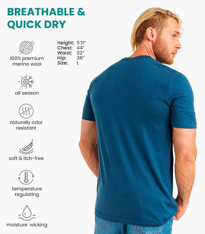 100% Merino Wool T-Shirt Men - Short Sleeve Undershirt Base Layer Top