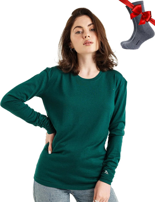 100% Merino Wool Base Layer Women - Long Sleeve Thermal Shirt with Socks