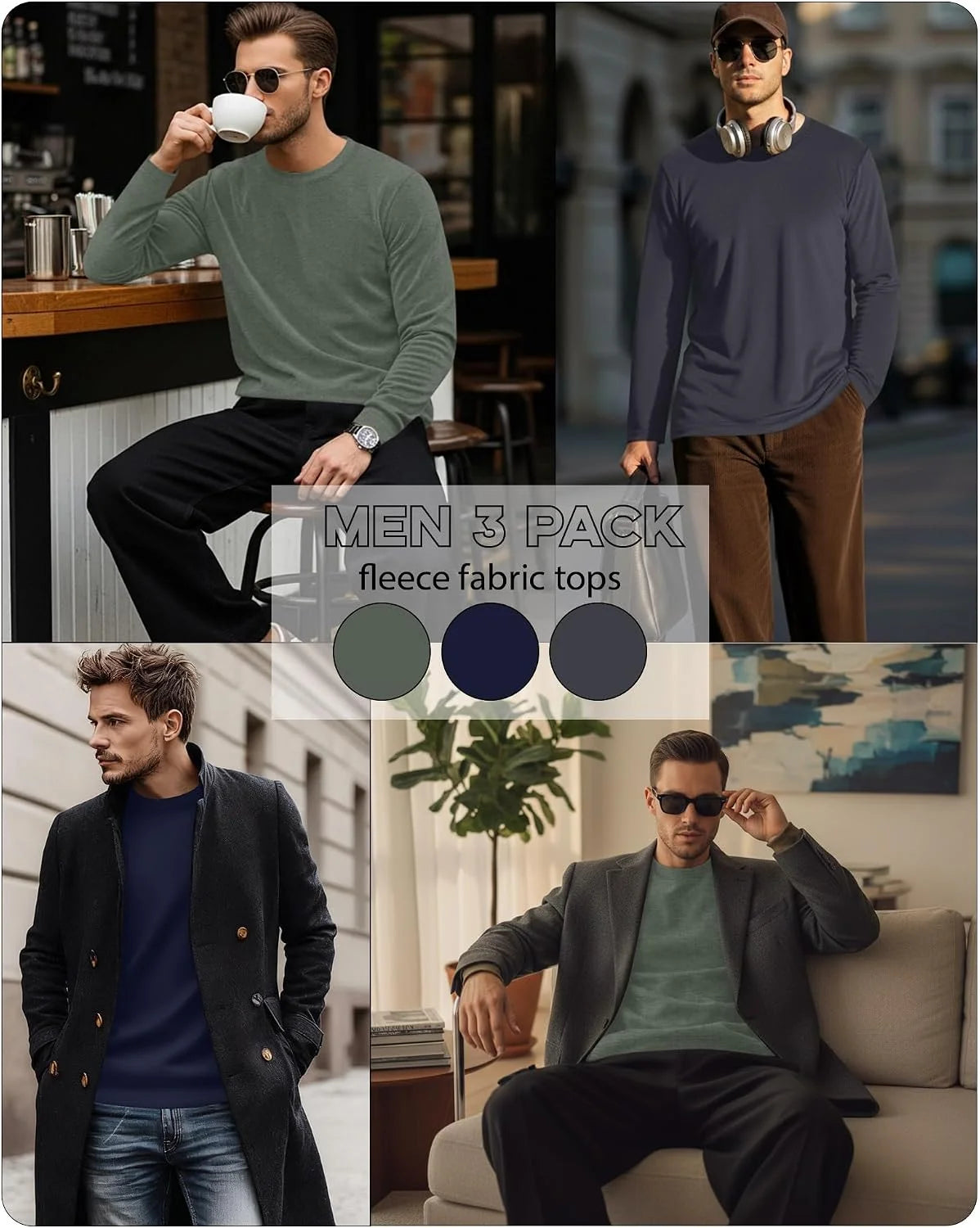 3 Pack Mens Long Sleeve Thermal Shirts Crew Neck Tops