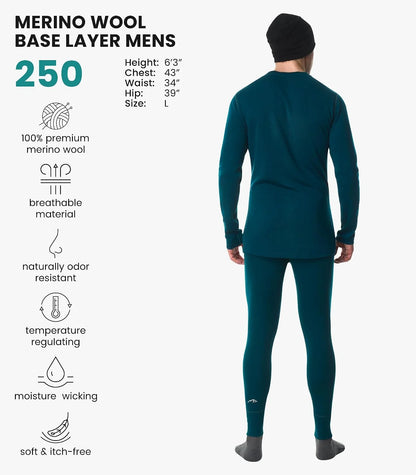 100% Merino Wool Base Layer Men Set - Thermal Underwear for Men Long Johns