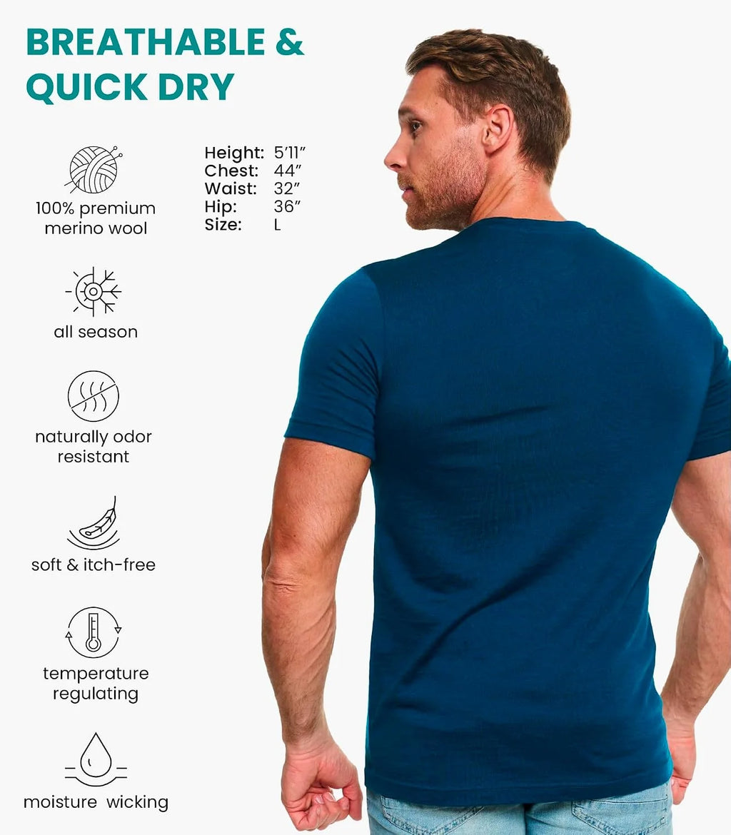 100% Merino Wool T-Shirt Men - Short Sleeve Undershirt Base Layer Top