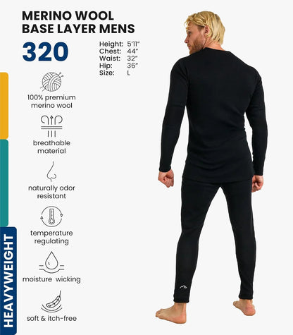 100% Merino Wool Base Layer Men Set - Thermal Underwear for Men Long Johns