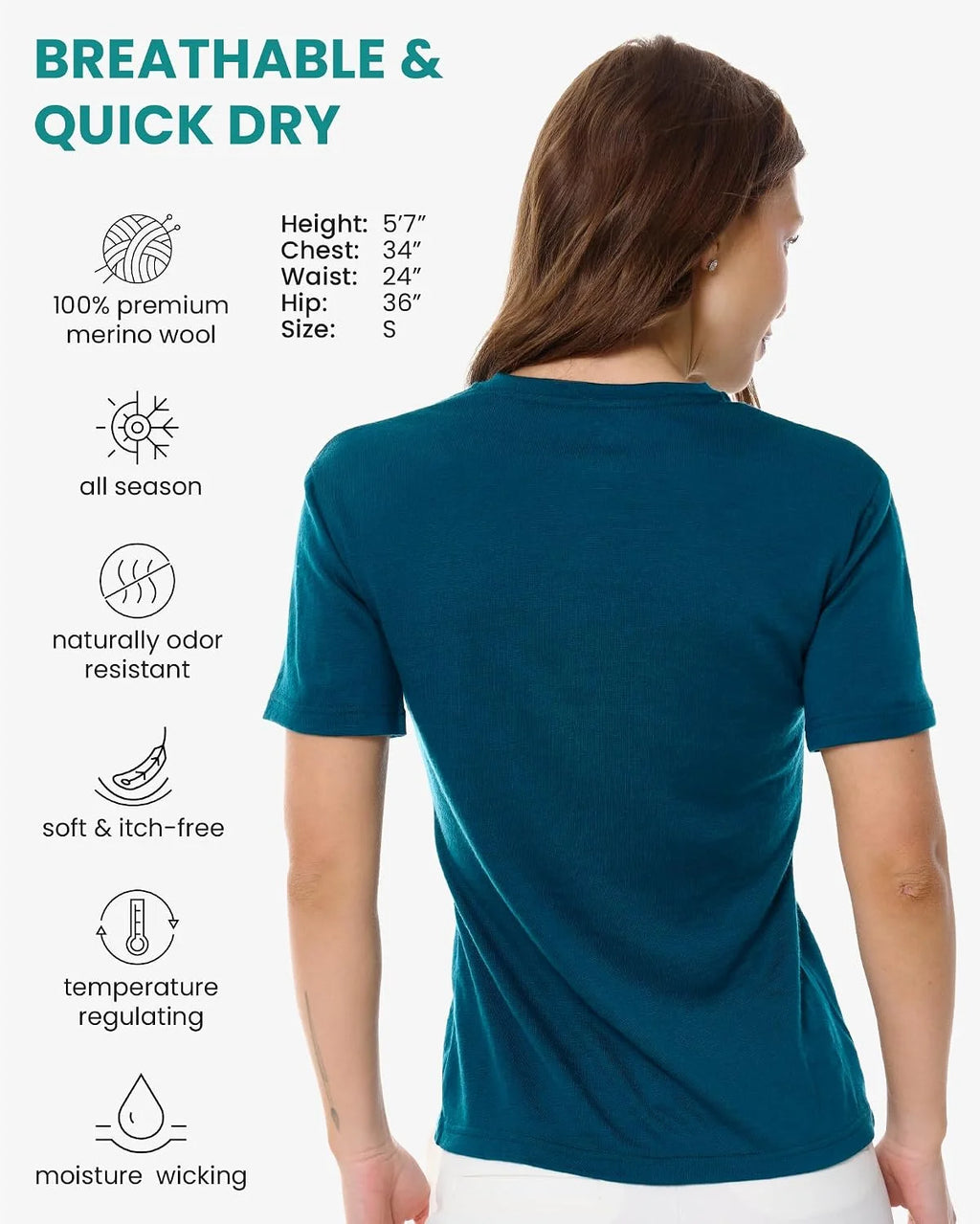 100% Merino Wool Shirt Women - Short Sleeve Tee Base Layer Top Undershirt