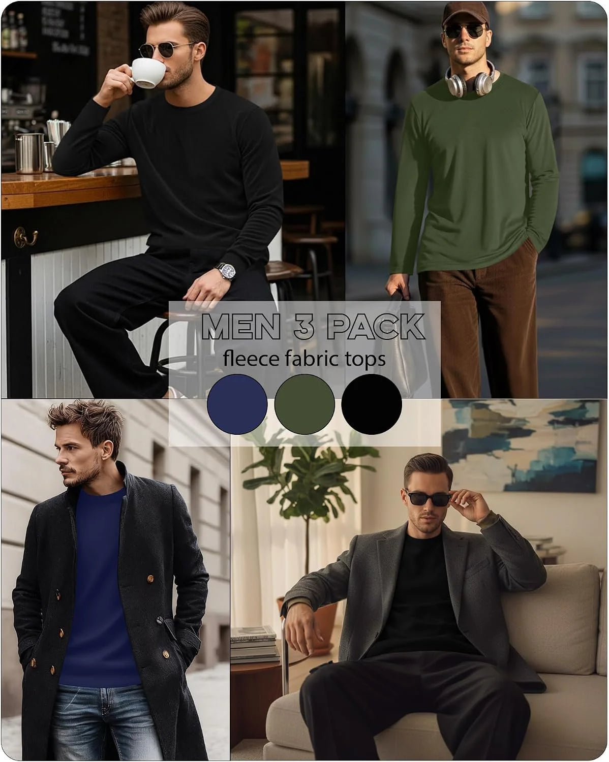 3 Pack Mens Long Sleeve Thermal Shirts Crew Neck Tops