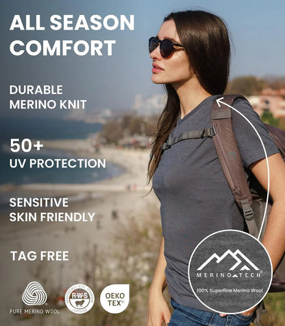 100% Merino Wool Shirt Women - Short Sleeve Tee Base Layer Top Undershirt
