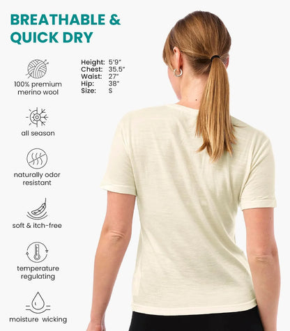 100% Merino Wool Shirt Women - Short Sleeve Tee Base Layer Top Undershirt