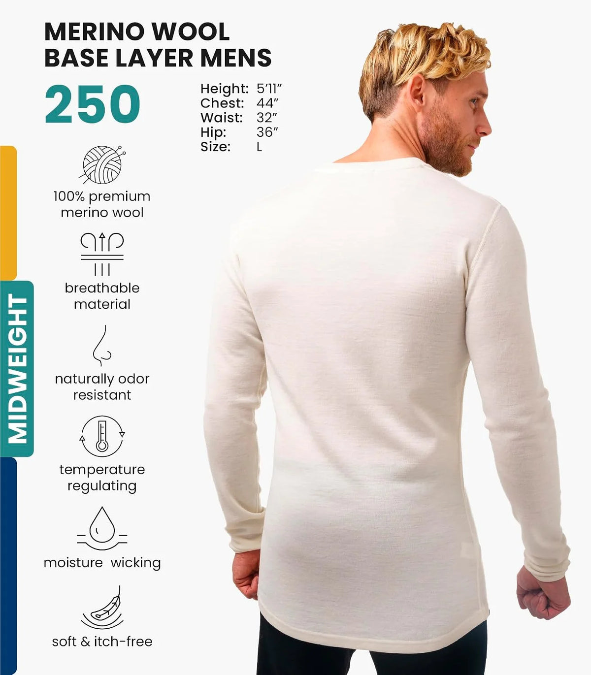 100% Merino Wool Base Layer Mens - Long Sleeve Thermal Shirts with Socks